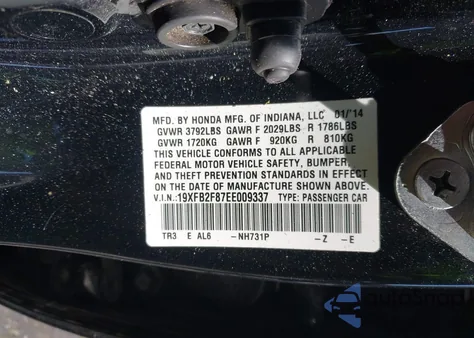 2014 Honda Civic Ex from USA, damaged, VIN 19XFB2F87EE009337